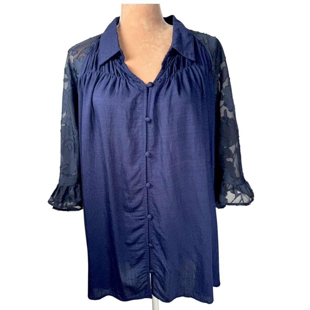 Umgee Womens 2XL Top Navy Blue Lace Flare Sleeve Blouse Office Party Lightweight
